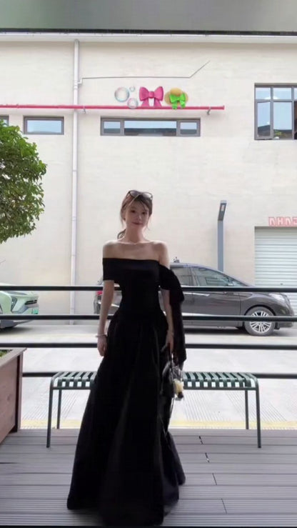 Glassy A Line Off The Shoulder Black Satin Long Prom Dress,Evening Dress GG5175