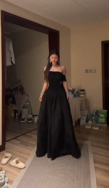 Glassy A Line Off The Shoulder Black Satin Long Prom Dress,Evening Dress GG5175