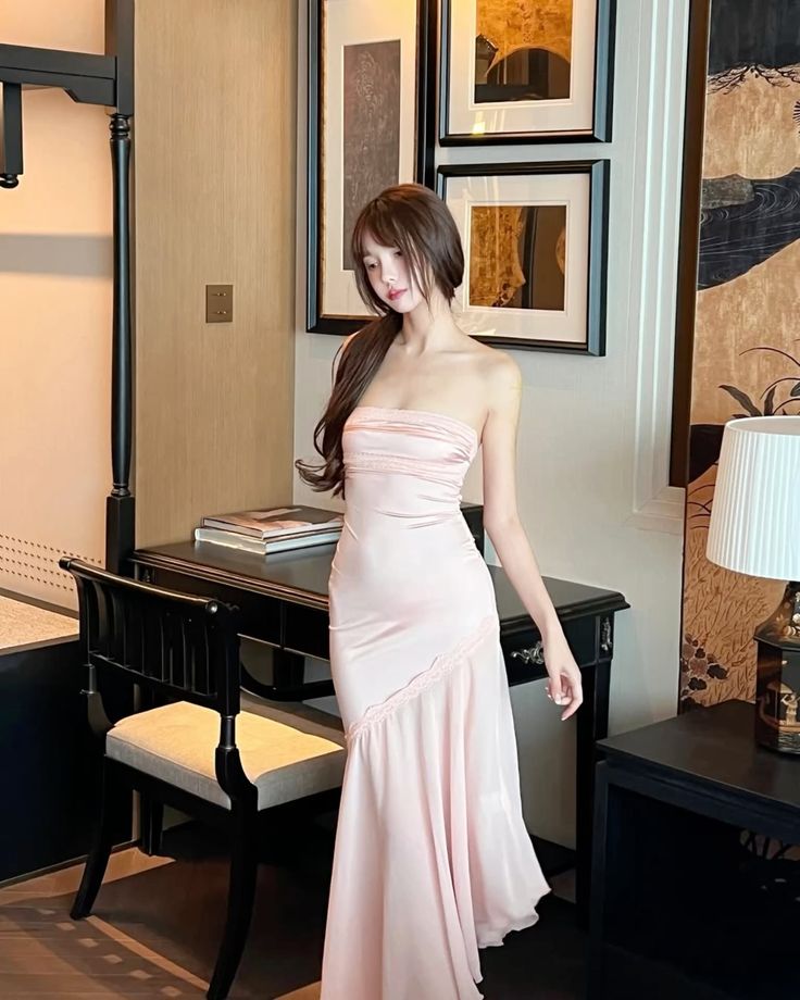 Light Pink Mermaid Strapless Satin Chiffon Long Prom Dress,Evening Dress GG5177