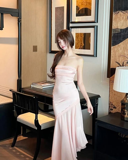Light Pink Mermaid Strapless Satin Chiffon Long Prom Dress,Evening Dress GG5177