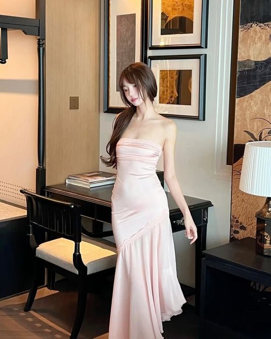 Light Pink Mermaid Strapless Satin Chiffon Long Prom Dress,Evening Dress GG5177