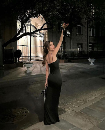 Simple Bodycon Black Mermaid Spaghetti Straps Satin Long Prom Dress,Evening Dress GG5182