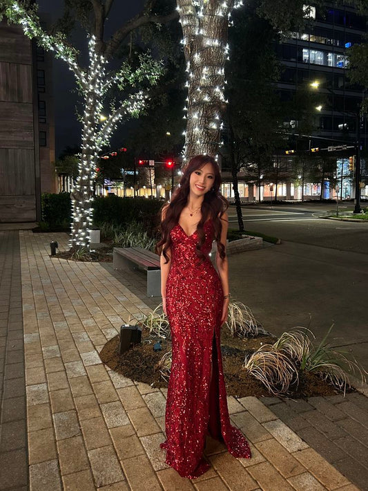 Burgundy Mermaid Spaghetti Straps Sequin Slit Long Prom Dress,Evening Dress GG5184