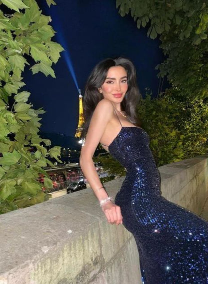 Sparkly Navy Mermaid Spaghetti Straps Sequin Long Prom Dress,Evening Dress GG5186