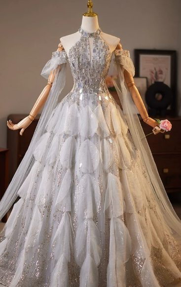 Pretty A Line Halter Tulle Sequin Long Prom Dress,Evening Dress GG5195