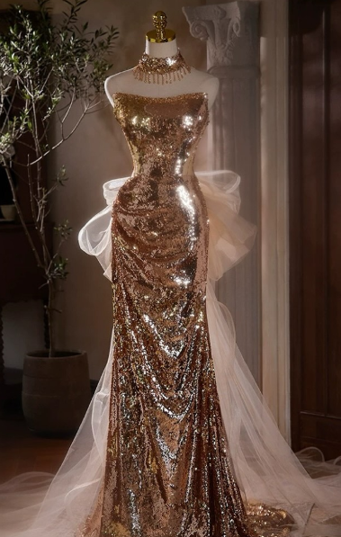 Gold Mermaid Strapless Sequin Tulle Long Prom Dress,Evening Dress GG5196