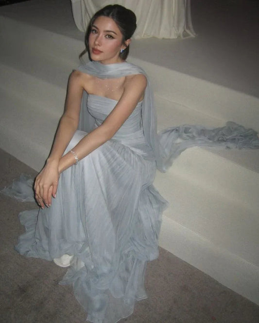 Elegant A Line Strapless Tulle Long Prom Dress,Evening Dress GG5206