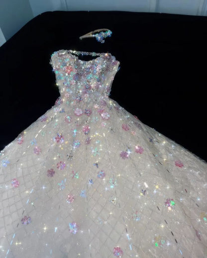 Pretty A Line Strapless Tulle Sequin Applique Long Prom Dress,Evening Dress GG5207