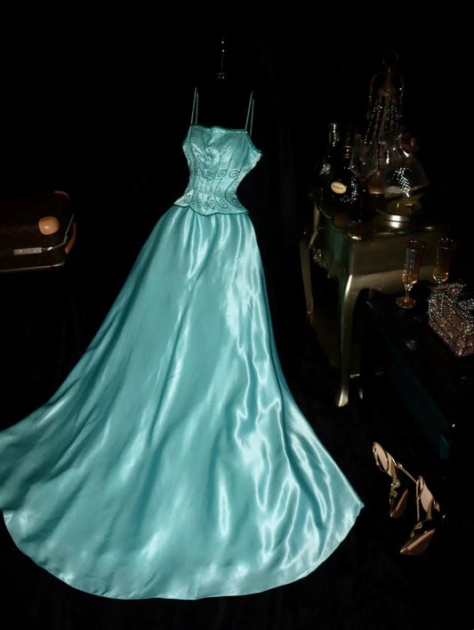 Elegant A Line Spaghetti Straps Satin Long Prom Dress,Evening Dress GG5209