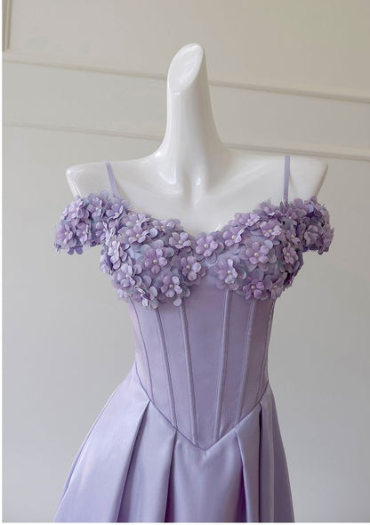 Pretty Lilac A Line Spaghetti Straps Satin Applique Long Prom Dress,Evening Dress GG5211