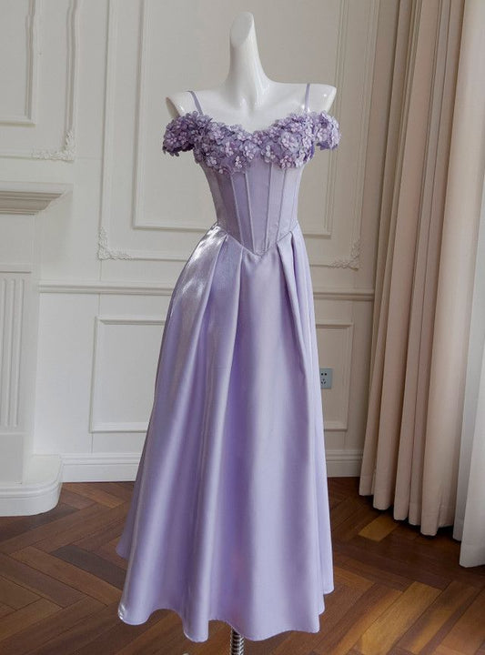 Pretty Lilac A Line Spaghetti Straps Satin Applique Long Prom Dress,Evening Dress GG5211