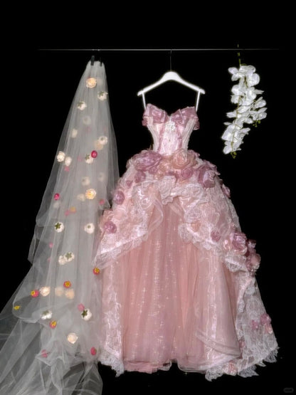 Pretty Ball Gown Spaghetti Straps Satin Tulle Lace Applique Long Prom Dress,Evening Dress GG5213