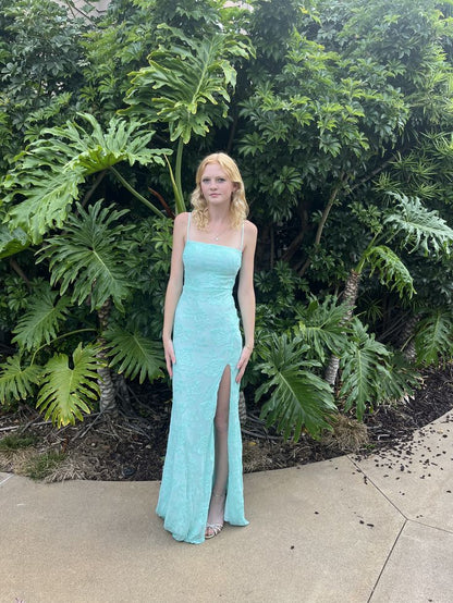 Sexy Mermaid Spaghetti Straps Satin Sequin Slit Long Prom Dress,Evening Dress GG5214