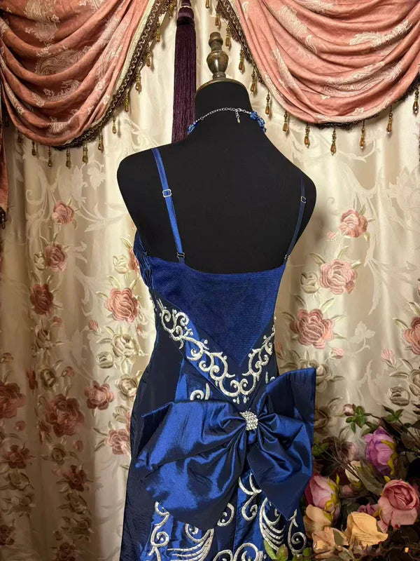 Navy Blue Vintage Mermaid Spaghetti Straps Satin Long Prom Dress,Evening Dress GG5215