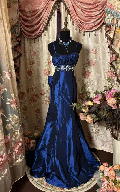 Navy Blue Vintage Mermaid Spaghetti Straps Satin Long Prom Dress,Evening Dress GG5215