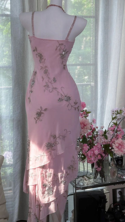 Pretty Pink Mermaid Spaghetti Straps Chiffon Tiered Sequin Long Prom Dress,Evening Dress GG5216