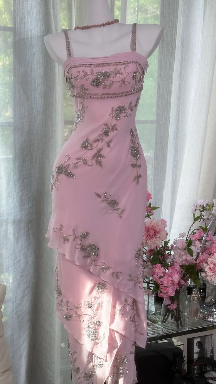 Pretty Pink Mermaid Spaghetti Straps Chiffon Tiered Sequin Long Prom Dress,Evening Dress GG5216