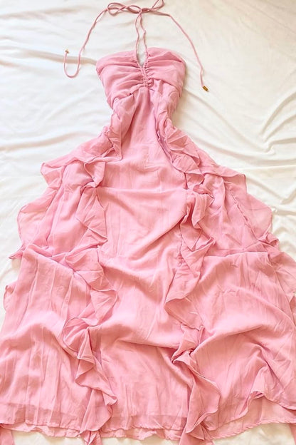 Chic A Line Halter Ruffle Chiffon Long Prom Dress,Evening Dress GG5219