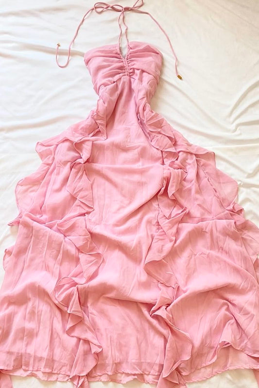 Chic A Line Halter Ruffle Chiffon Long Prom Dress,Evening Dress GG5219