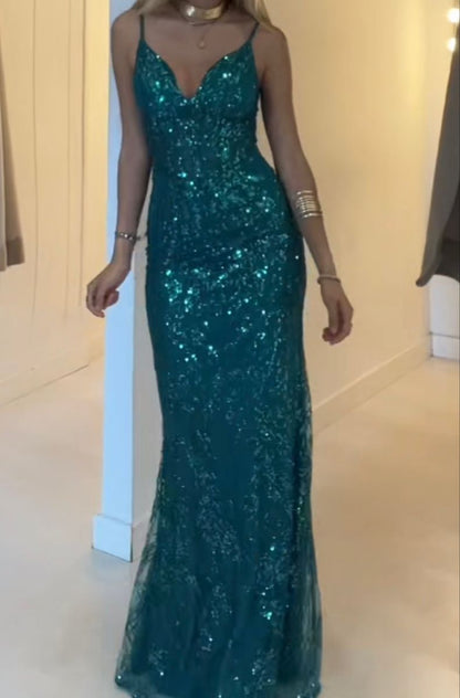 Shiny Teal Mermaid Spaghetti Straps Tulle Sequin Long Prom Dress,Evening Dress GG5231