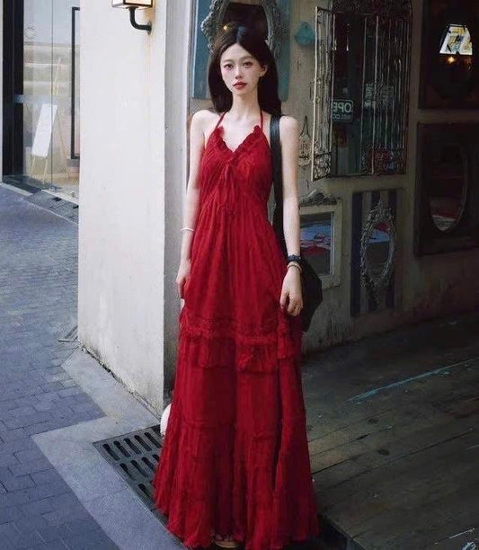 Charming Burgundy A Line Halter Burgundy Satin Ruffle Long Prom Dress,Evening Dress GG5234