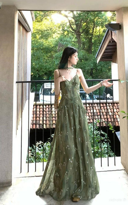 Pretty A Line Spaghetti Straps Satin Printed Chiffon Long Prom Dress,Evening Dress GG5235