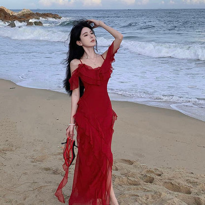 Chic Spaghetti Straps Mermaid Chiffon Ruffle Long Prom Dress,Evening Dress GG5237