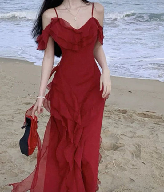 Chic Spaghetti Straps Mermaid Chiffon Ruffle Long Prom Dress,Evening Dress GG5237