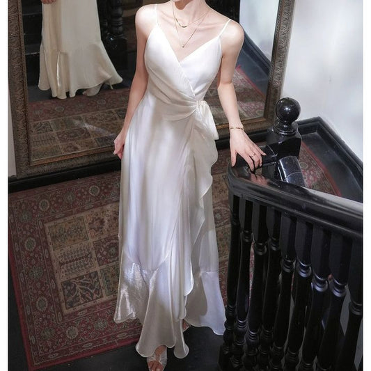 Elegant A Line Spaghetti Straps Satin Ruffle Long Prom Dress,Evening Dress GG5238