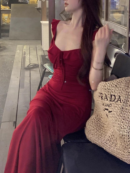 Pretty Mermaid Burgundy Spaghetti Straps Ruffle Neck Satin Long Prom Dress,Evening Dress GG5239