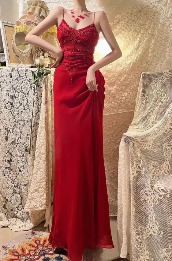 Unique Mermaid Burgundy Spaghetti Straps Satin Sequin Long Prom Dress,Evening Dress GG5240