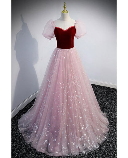 Lovely A Line Sweetheart Stars Pink Sequin Puff Sleeve Long Prom Dress,Evening Dress GG525