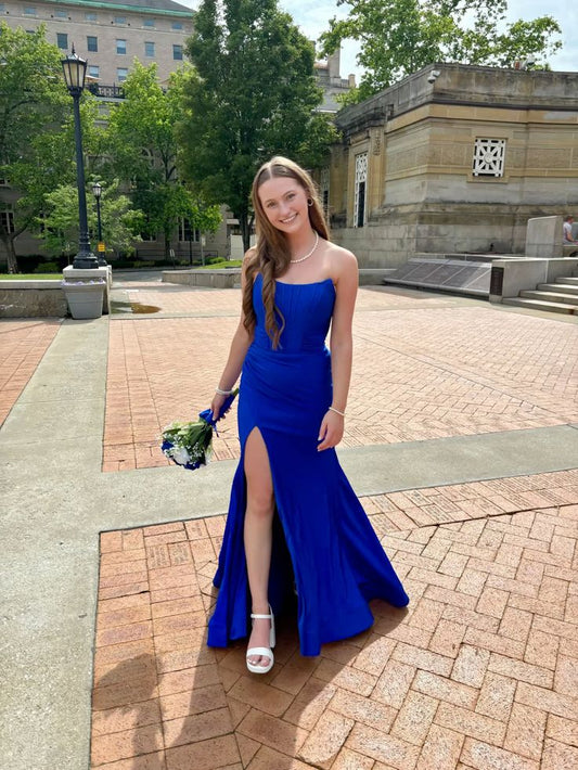 Charming Mermaid Strapless Royal Blue Satin Slit Long Prom Dress,Evening Dress GG5252