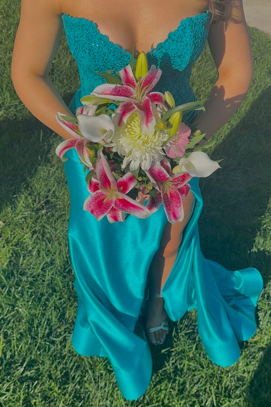 Elegant Mermaid Strapless Satin Lace Slit Long Prom Dress,Evening Dress GG5255