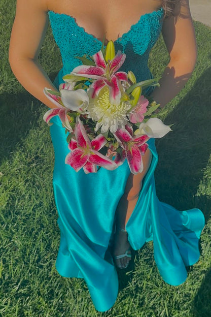 Elegant Mermaid Strapless Satin Lace Slit Long Prom Dress,Evening Dress GG5255