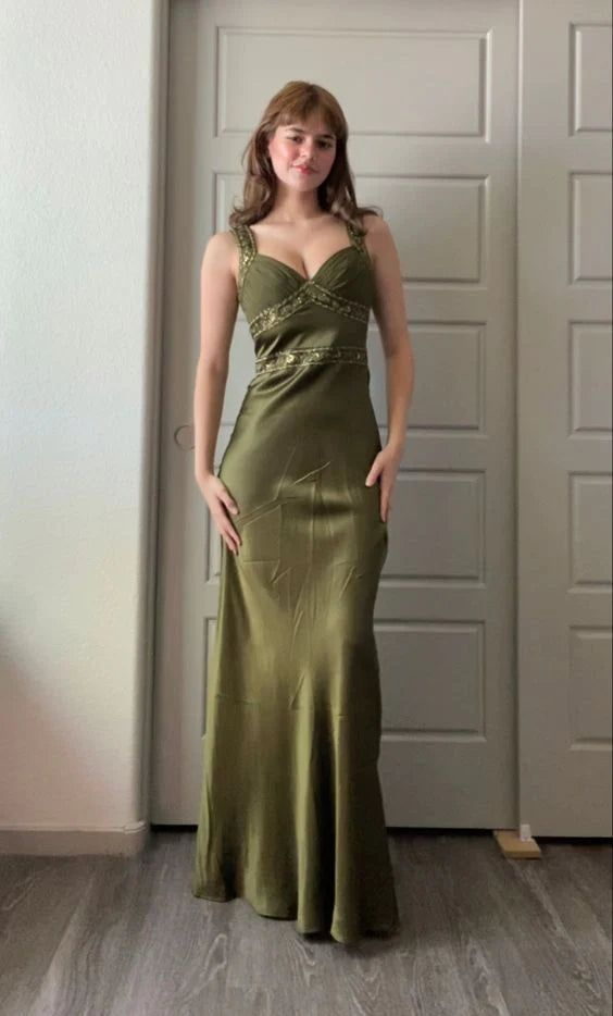 Olive Green Pretty Mermaid Sweetheart Satin Beaded Long Prom Dress,Evening Dress GG5258