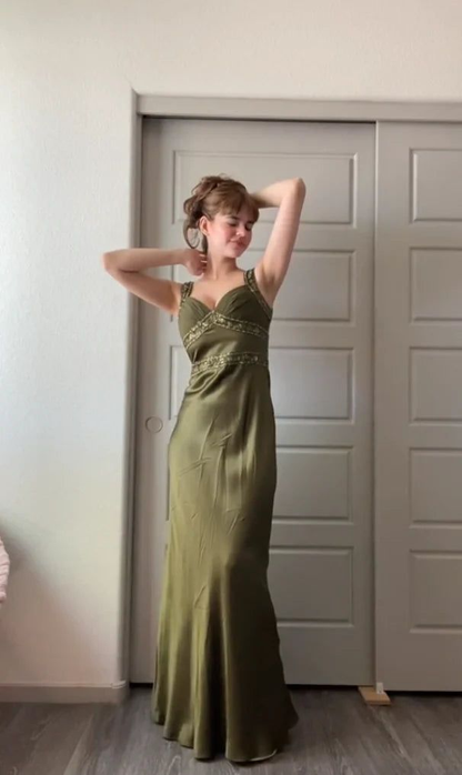 Olive Green Pretty Mermaid Sweetheart Satin Beaded Long Prom Dress,Evening Dress GG5258