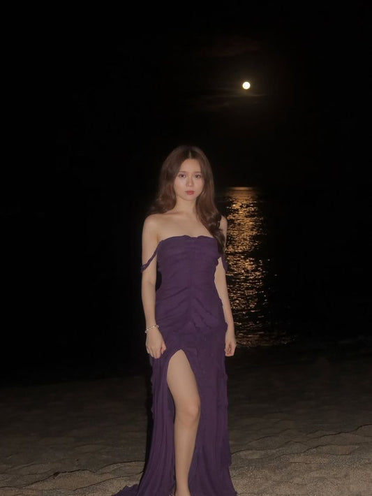 Unique Mermaid Off The Shoulder Chiffon With Ruffles Slit Long Prom Dress,Evening Dress GG5264