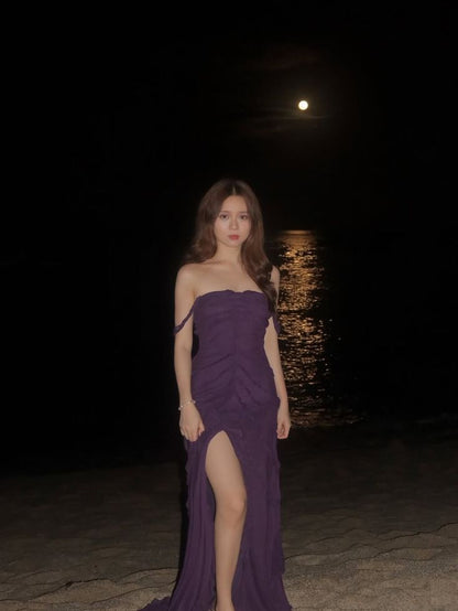 Unique Mermaid Off The Shoulder Chiffon With Ruffles Slit Long Prom Dress,Evening Dress GG5264