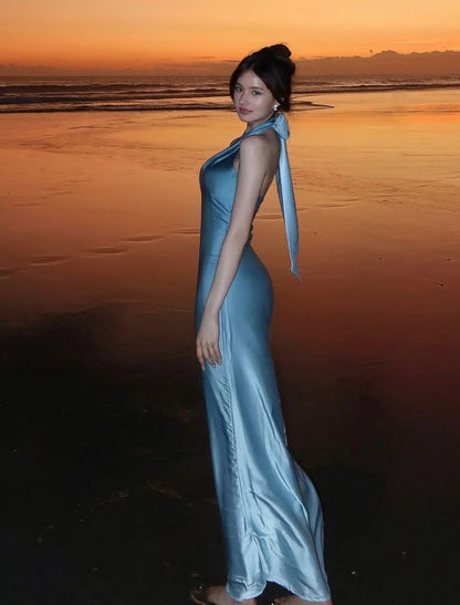 Elegant Mermaid Halter Satin Long Prom Dress,Evening Dress GG5265