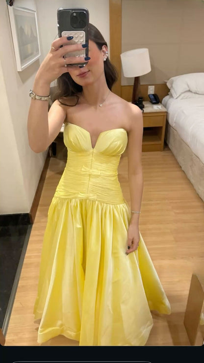 Pretty Yellow A Line Strapless Satin Long Prom Dress,Evening Dress GG5269