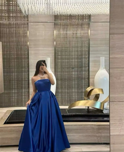 Royal Blue A Line Strapless Satin Without Sleeves Long Prom Dress,Evening Dress GG5274