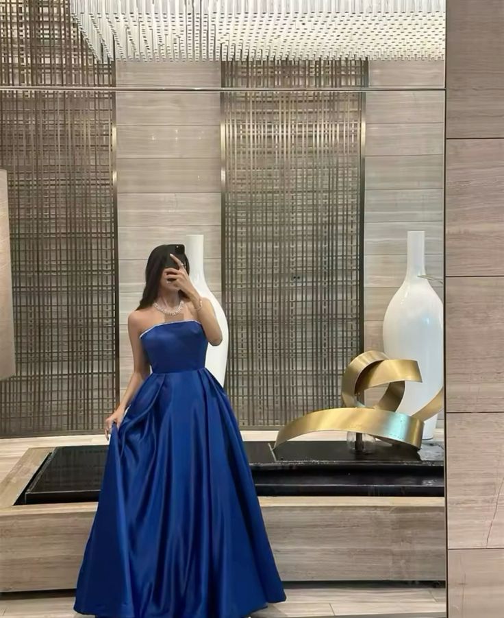 Royal Blue A Line Strapless Satin Without Sleeves Long Prom Dress,Evening Dress GG5274