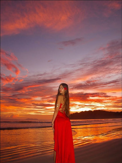 Sexy A Line Red Spaghetti Straps Satin Ruffle Slit Without Sleeves Long Prom Dress,Evening Dress GG5275