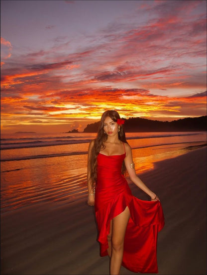 Sexy A Line Red Spaghetti Straps Satin Ruffle Slit Without Sleeves Long Prom Dress,Evening Dress GG5275