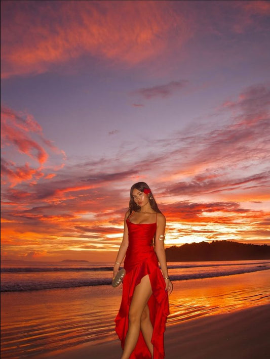 Sexy A Line Red Spaghetti Straps Satin Ruffle Slit Without Sleeves Long Prom Dress,Evening Dress GG5275