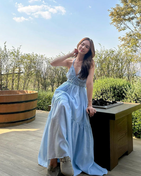 Elegant Pale Blue A Line Halter Satin Without Sleeves Long Prom Dress,Evening Dress GG5278