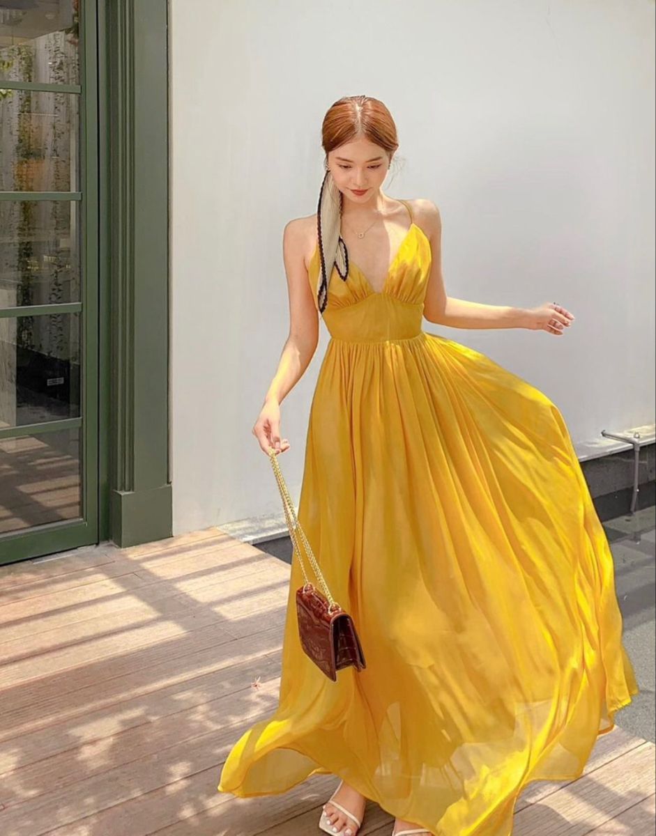 Yellow Halter A Line Satin Without Sleeves Long Prom Dress,Evening Dress GG5280