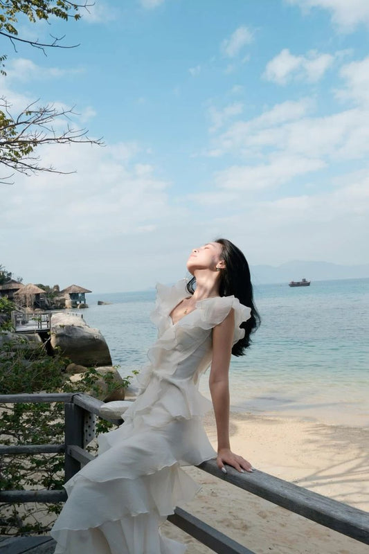 Chic V Neck A Line Chiffon Ruffle Without Sleeves Long Prom Dress,Evening Dress GG5284