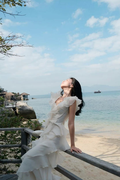 Chic V Neck A Line Chiffon Ruffle Without Sleeves Long Prom Dress,Evening Dress GG5284